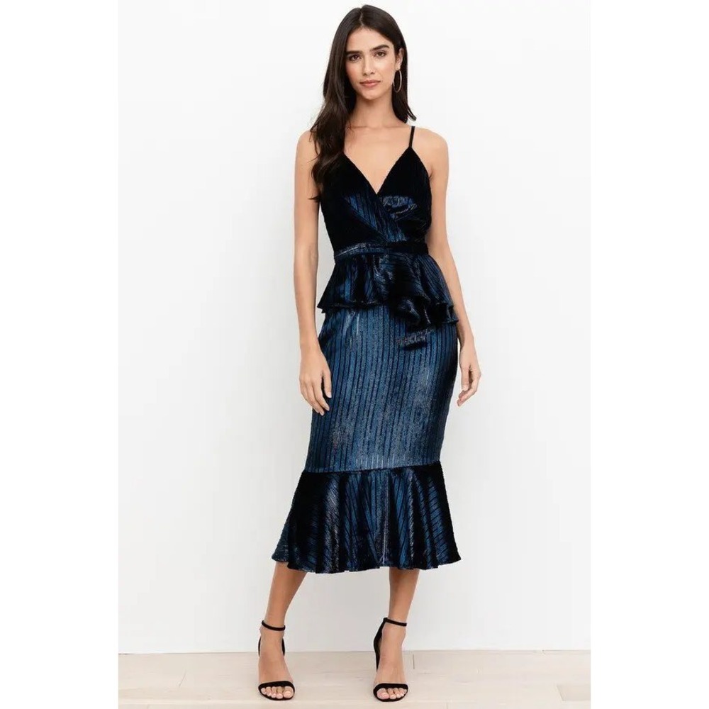 Yumi Kim Navy Metallic Pleated Peplum Mermaid Midi Party Dress XS Cocktail Event